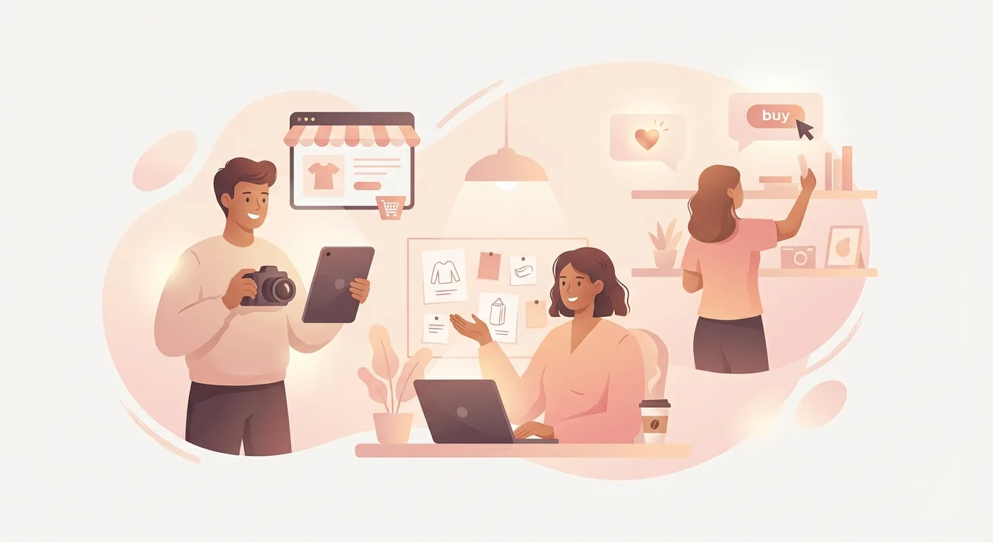 Content creator at desk creating engaging social media posts with shopping cart icons flowing from screen to represent con...